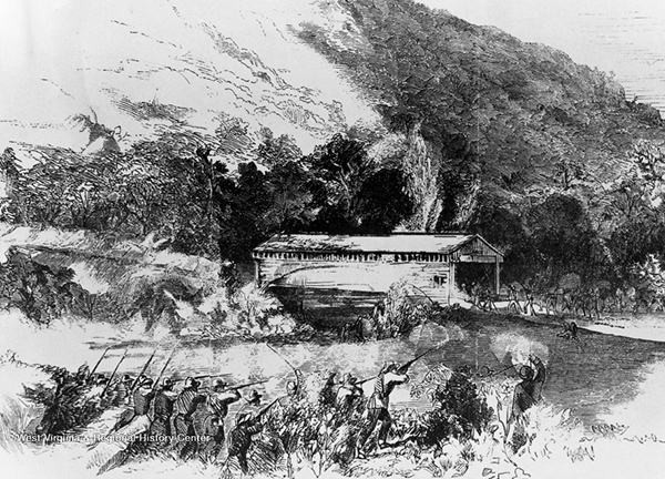 Middlefork Bridge, western Virginia. Owen camped at Middlefork Bridge on his way to the rebellion. Portrayed here is the skirmish Owen mentioned in his July 10 entry. (Battles and Leaders).